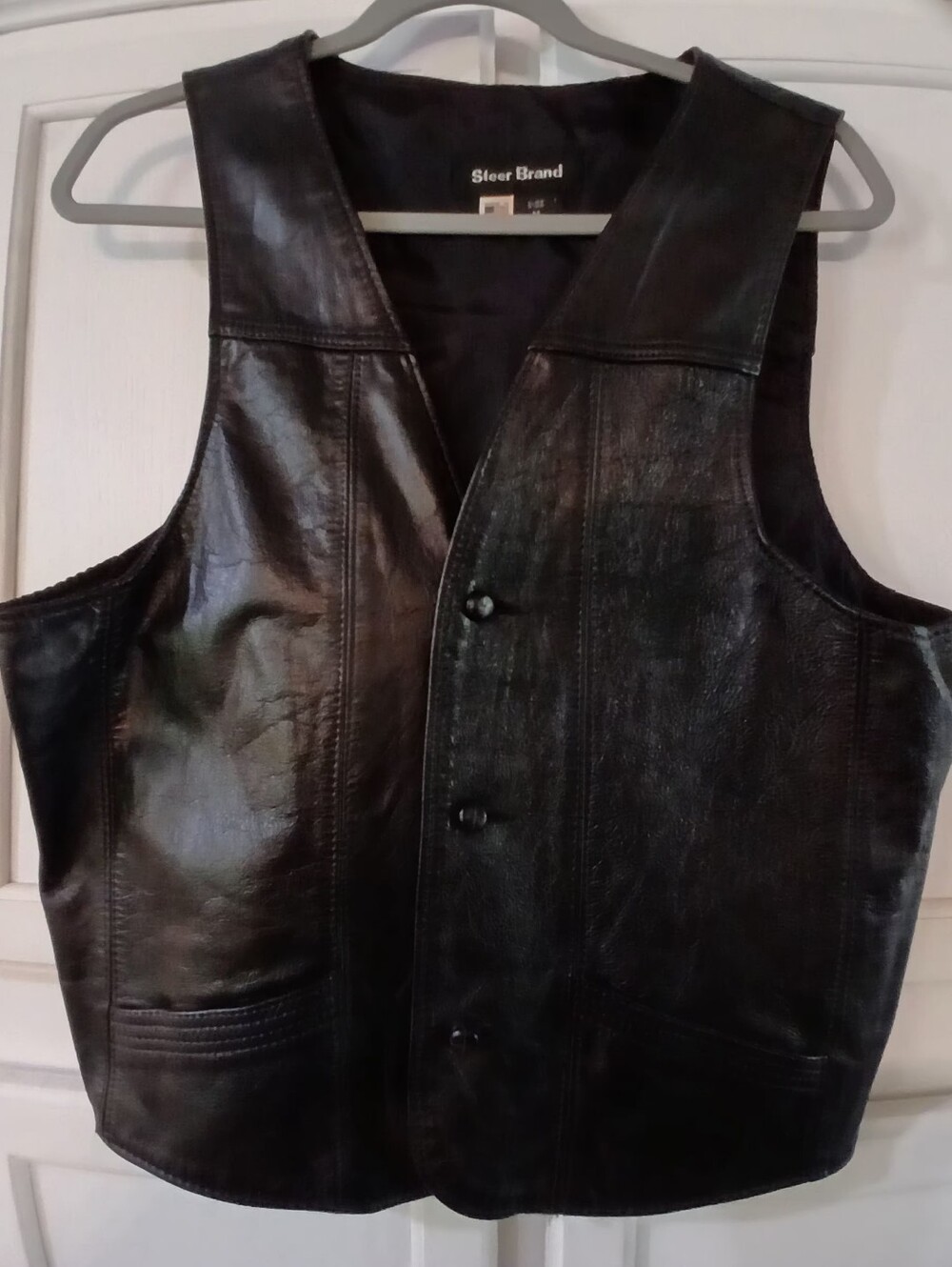 Steer Brand Made In The USA Black Leather Vest W/Pockets, 3 Button Closure M